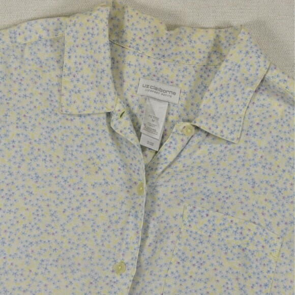 Liz Claiborne Tops - Vintage Liz Claiborne Lizsport Medium Petite Linen Shirt Floral Yellow Blue 90s